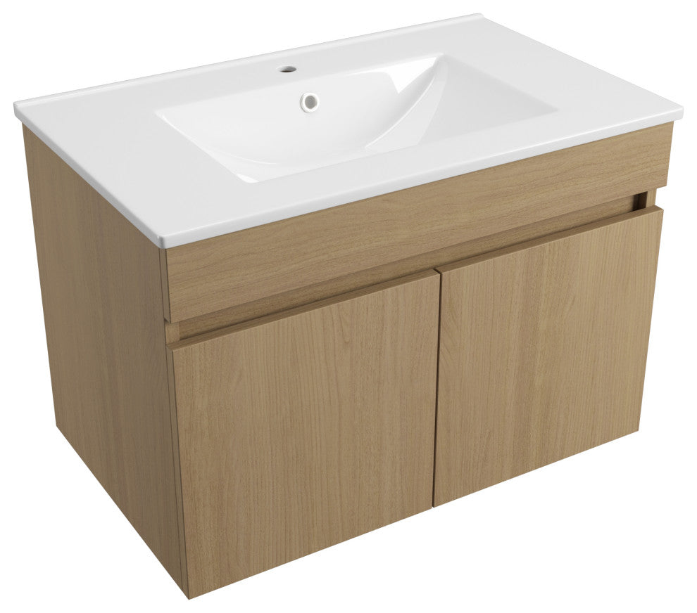 Wall Mounted Bath Vanity, Light Oak, Integrated Ceramic Sink, 24"