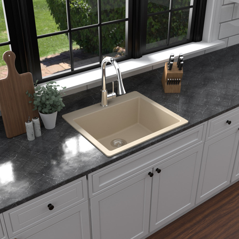 Karran QT-820 Top Mount 25" Single Bowl Quartz Kitchen Sink, Bisque