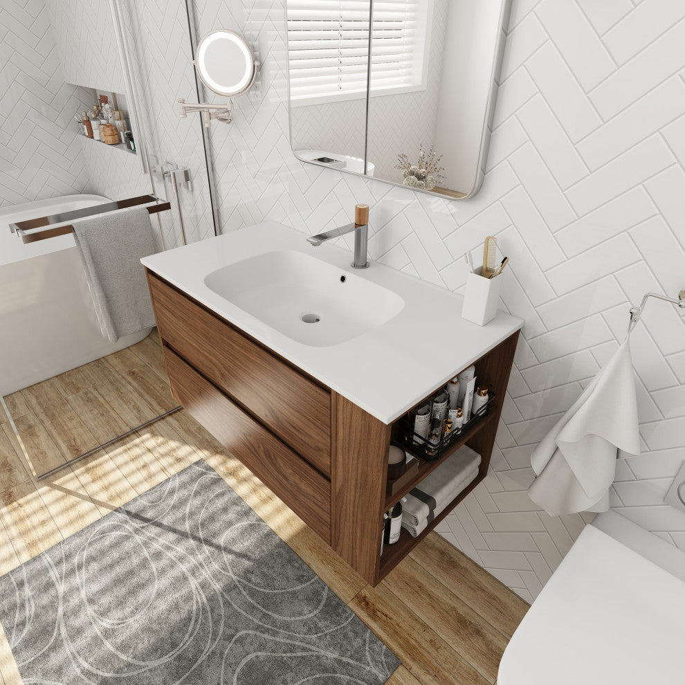 36" Plywood Wall Mounting Bath Vanity Set, Brown Oak, Gel Sink