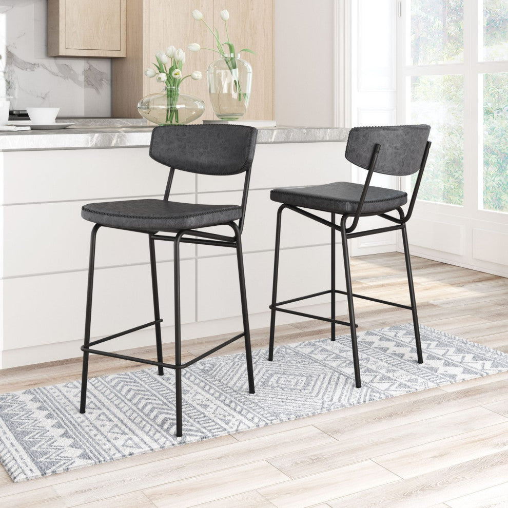 Counter Stool Chair, Set of 2, Faux Vinyl Leather, Steel, Vintage Black, Cafe