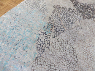 Hand Knotted Blue Gray Modern Abstract Oriental Rug With Silk
