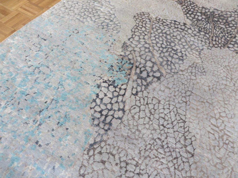 Hand Knotted Blue Gray Modern Abstract Oriental Rug With Silk