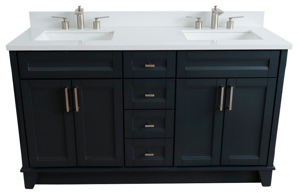 61" Double Vanity, Dark Gray Finish With Engineered Stone Top, Rectangle Sink