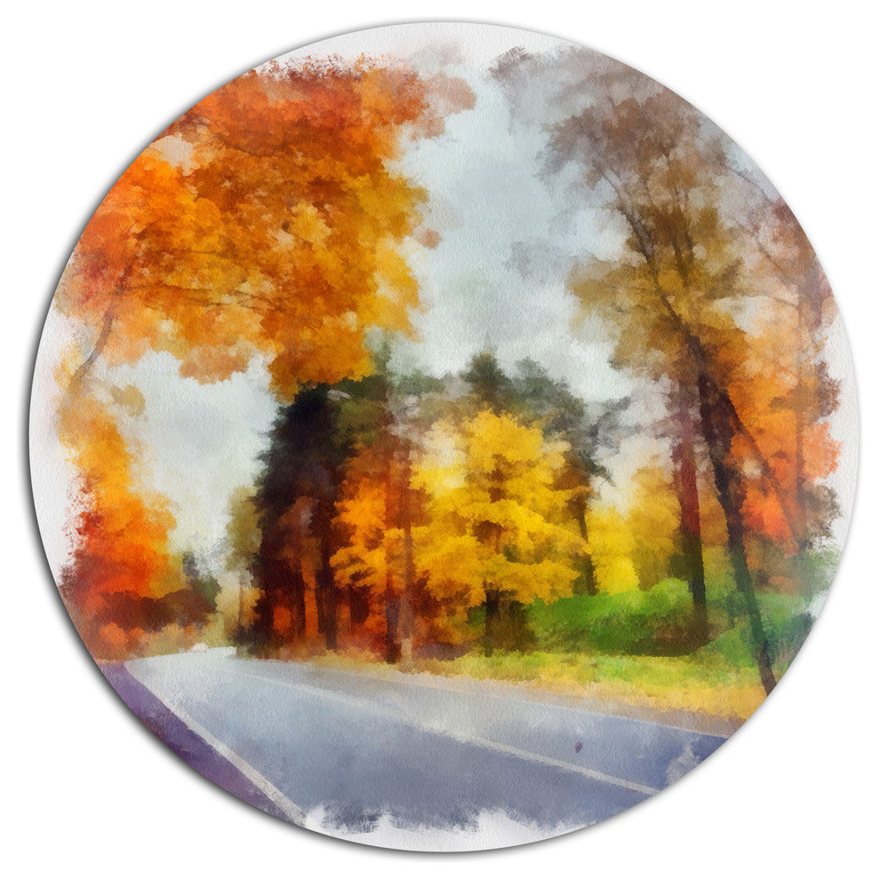 Road And Forest Sketch Watercolor, Landscape Round Metal Wall Art, 36"