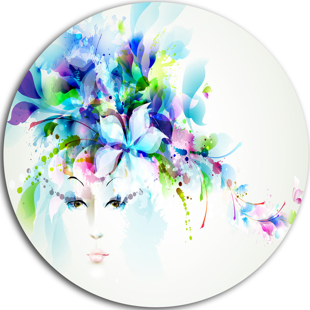 Woman With Blue Flowers, Floral Round Wall Art, 11"