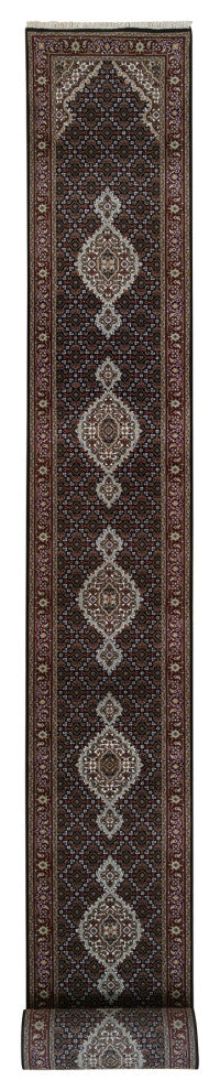 Black Hand Knotted, Tebraz Mahi Wool and Silk XL Runner Rug, 2'6"x26'3"