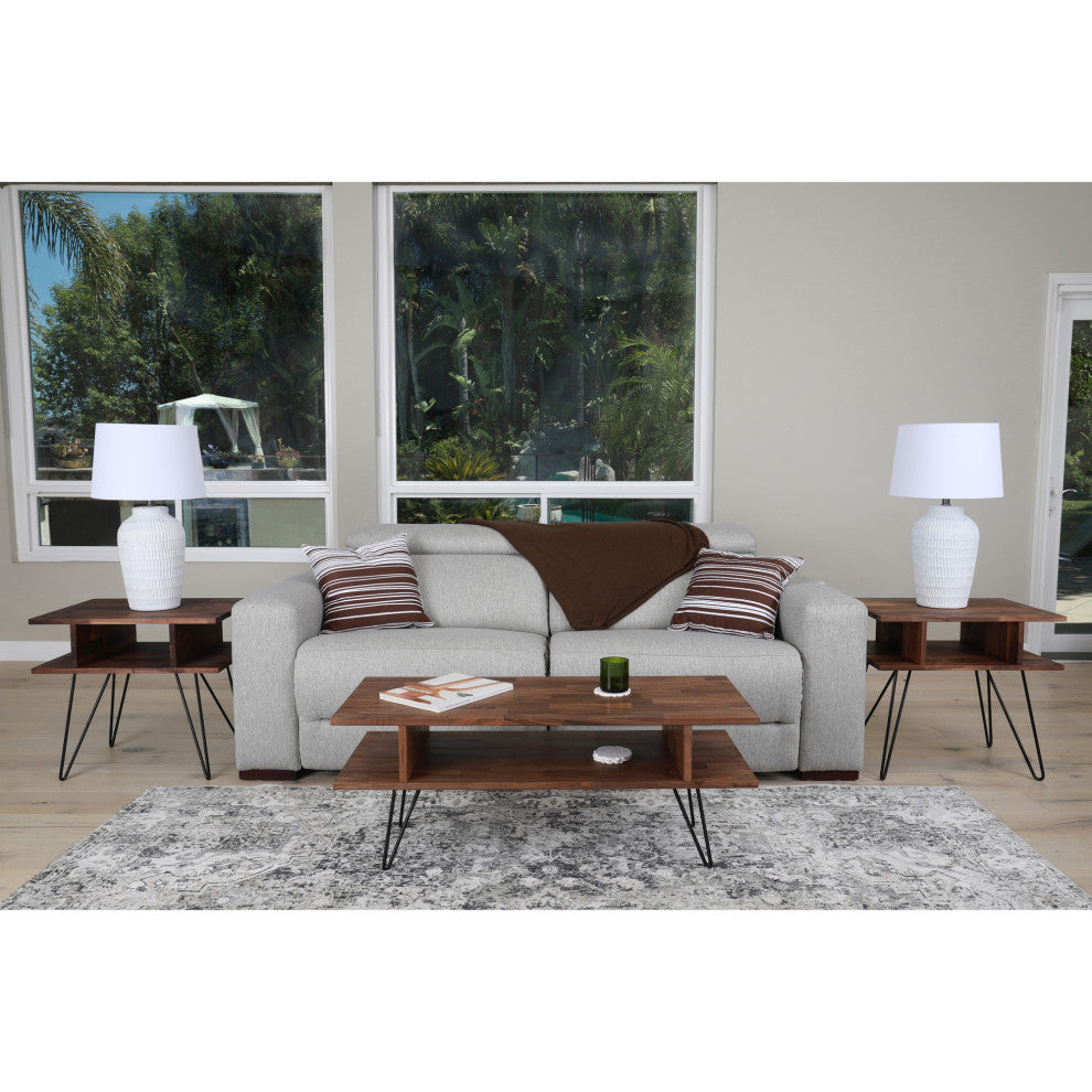 Zuma Modern Coffee Table, Solid Walnut Natural Finish, Black Hairpin Leg