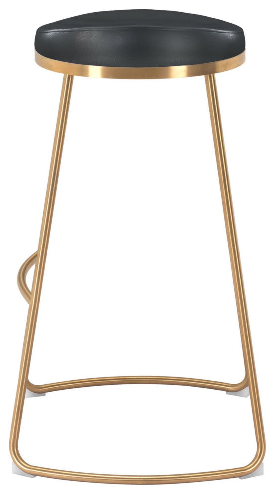 Bar Stool Chair Barstool, Set of 2, Faux Vinyl Leather, Steel, Black, Gold