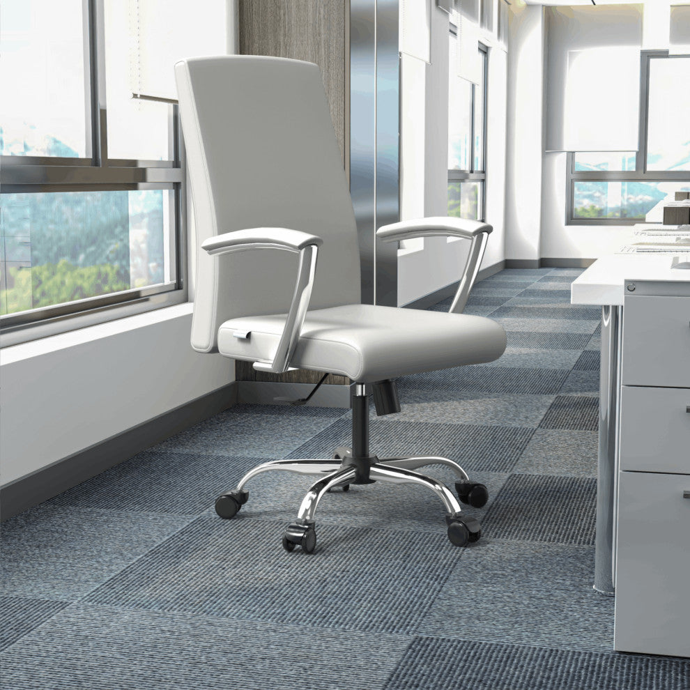 LeisureMod Evander Swivel Office Chair in Leather With Silver Frame, White