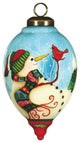 Snowman and Red Cardinal Hand Painted Mouth Blown Glass Ornament