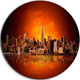 New York City Panorama In Red Light, Cityscape Round Metal Artwork, 11"