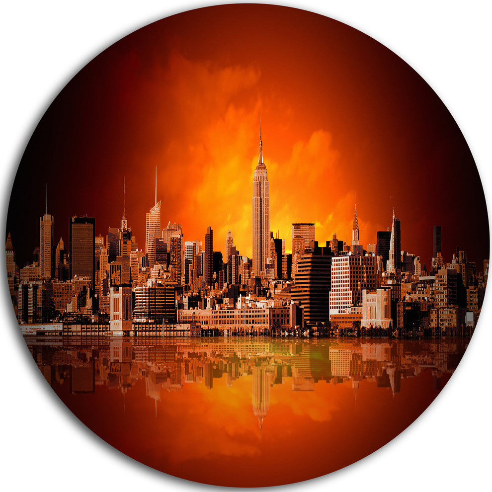 New York City Panorama In Red Light, Cityscape Round Metal Artwork, 11"
