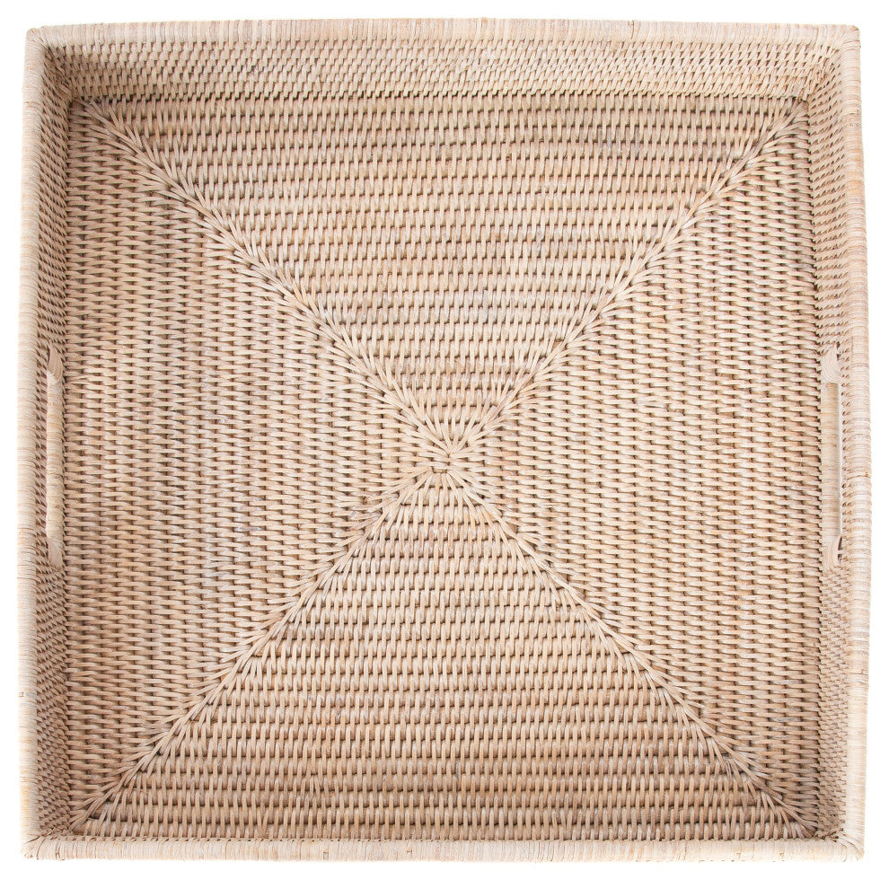 Artifacts Rattan™ Square Ottoman Tray with Cutout Handles, White Wash, 16"x16