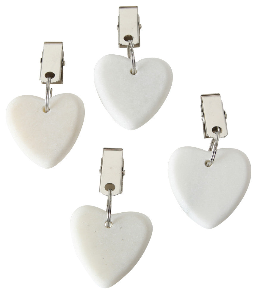 Natural Stone Hearts Table Cloth Weights on Clip Hangers, White, Set of 4