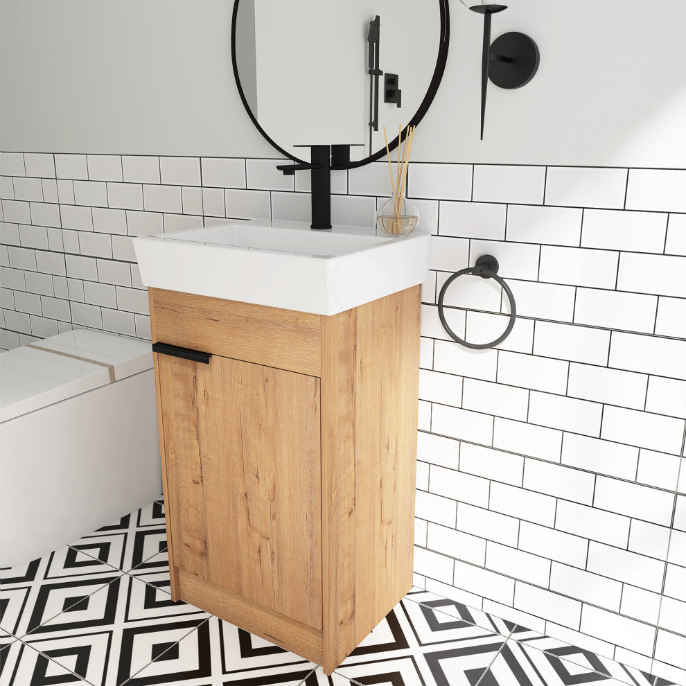 18x15., Bath Vanity, Imitative Oak With White Ceramic Top and Basin