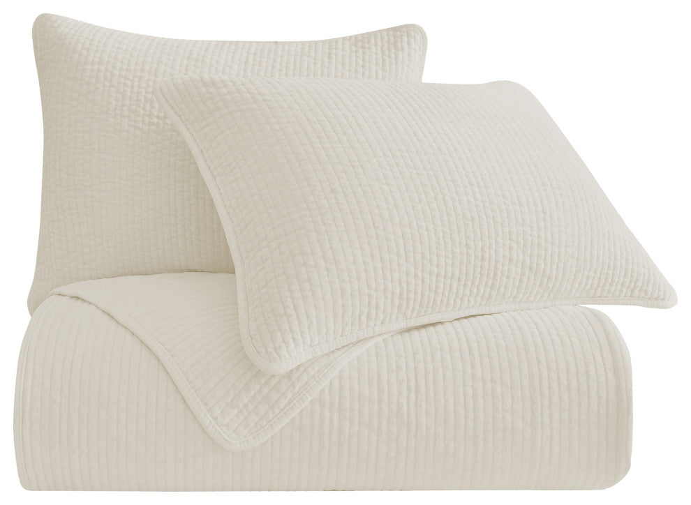 Stonewashed Cotton Velvet Quilt Set, Full/Queen, Vintage White, 3 Piece