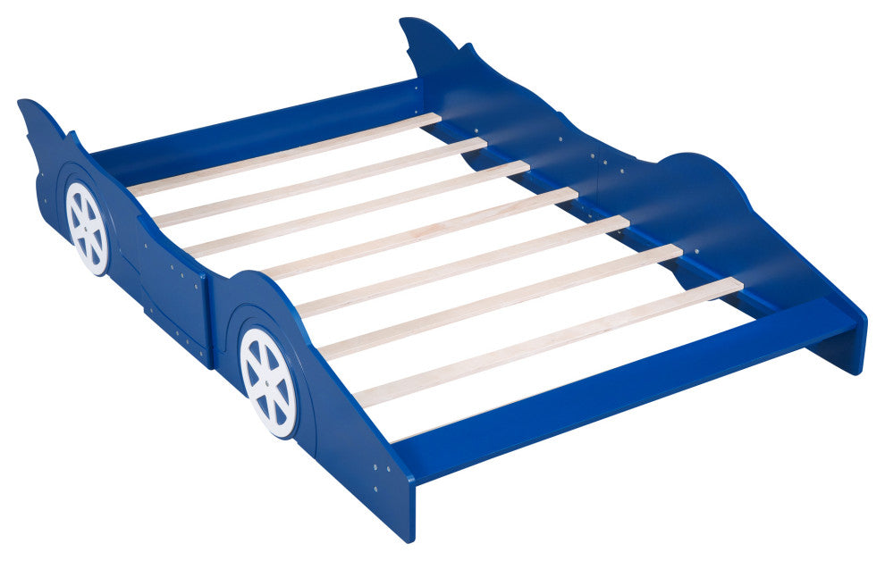 Gewnee Full Size Race Car-Shaped Platform Bed with Wheels,Blue