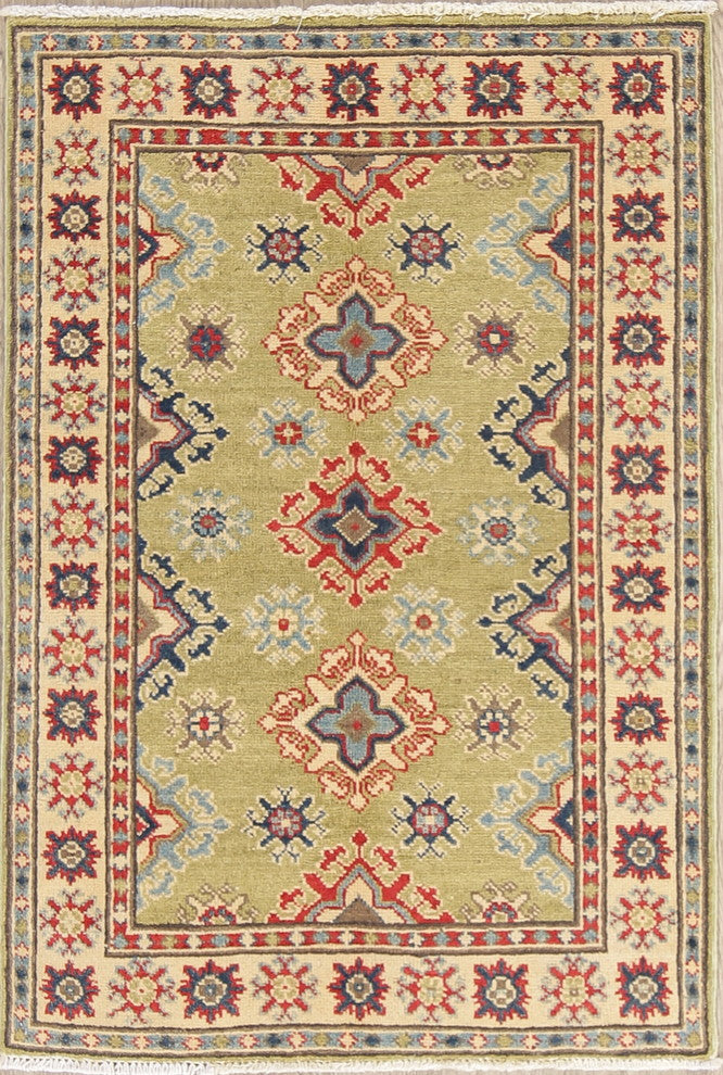 Traditional Pakistani Kazak Hand-Knotted Oriental Area Rug, Green, 4'0"X2'9"
