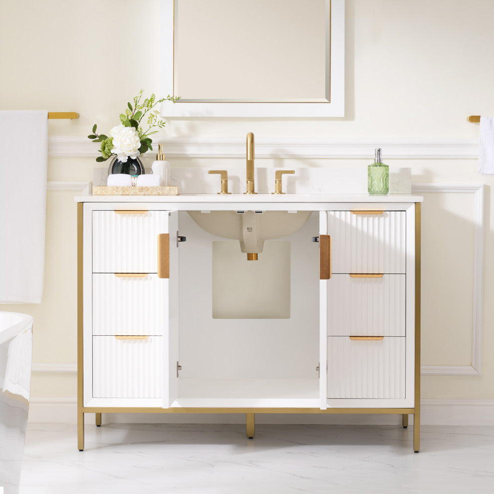 Hanah Freestanding Bathroom Vanity with Quartz Top in White, 48"