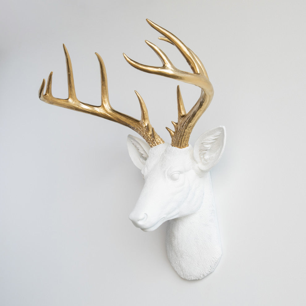 Faux Deer Head Wall Mount - 14 Point Stag Head Antlers, White and Gold