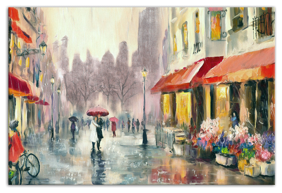 Red Umbrella in Rainy European City 20x30 Canvas Wall Art