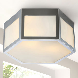 Minimo Hexagon Metal and Frosted Glass LED Flush Mount, Chrome, Width: 15.75"
