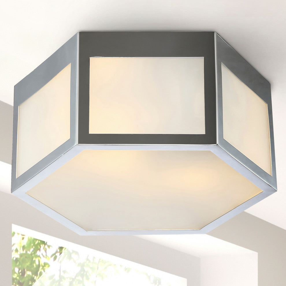 Minimo Hexagon Metal and Frosted Glass LED Flush Mount, Chrome, Width: 15.75"