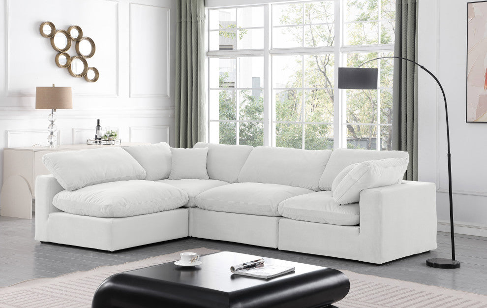 Comfy Upholstered L-Shaped Modular Sectional, Cream, 4-Piece: 2 Armless Chair, 2 Corner Chair, Velvet