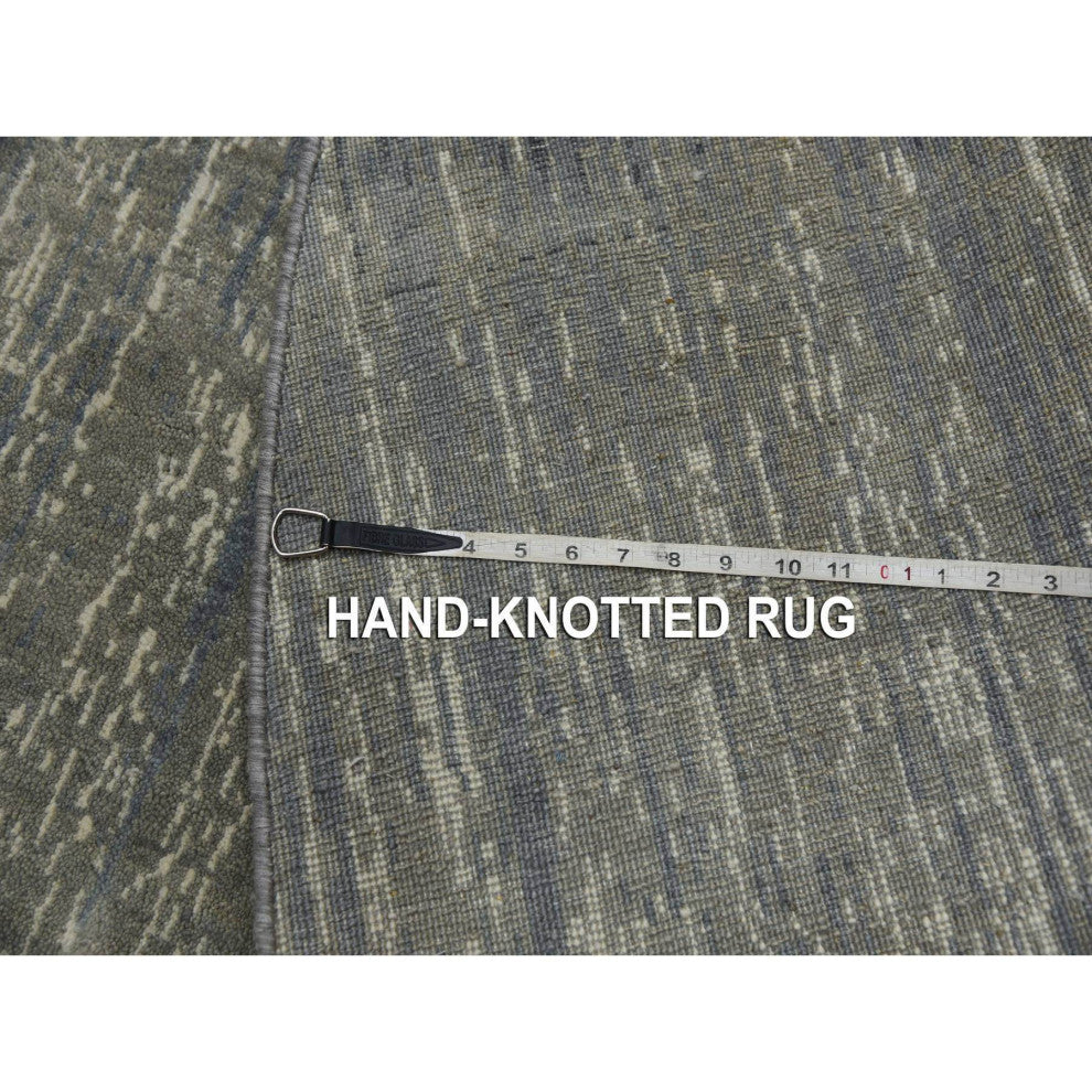 Blue/Gray Densely Woven Hand Knotted Modern Ombre Wool Round Rug, 6'0"x6'0"