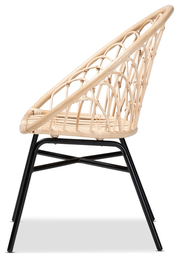 Modern Bohemian Natural Brown Rattan and Black Metal Chair, Intertwine Accents