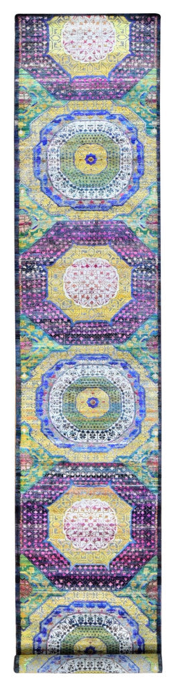 Lime Green Mamluk Design Silk With Wool Hand Knotted XL Runner Rug, 3'1"x17'9"