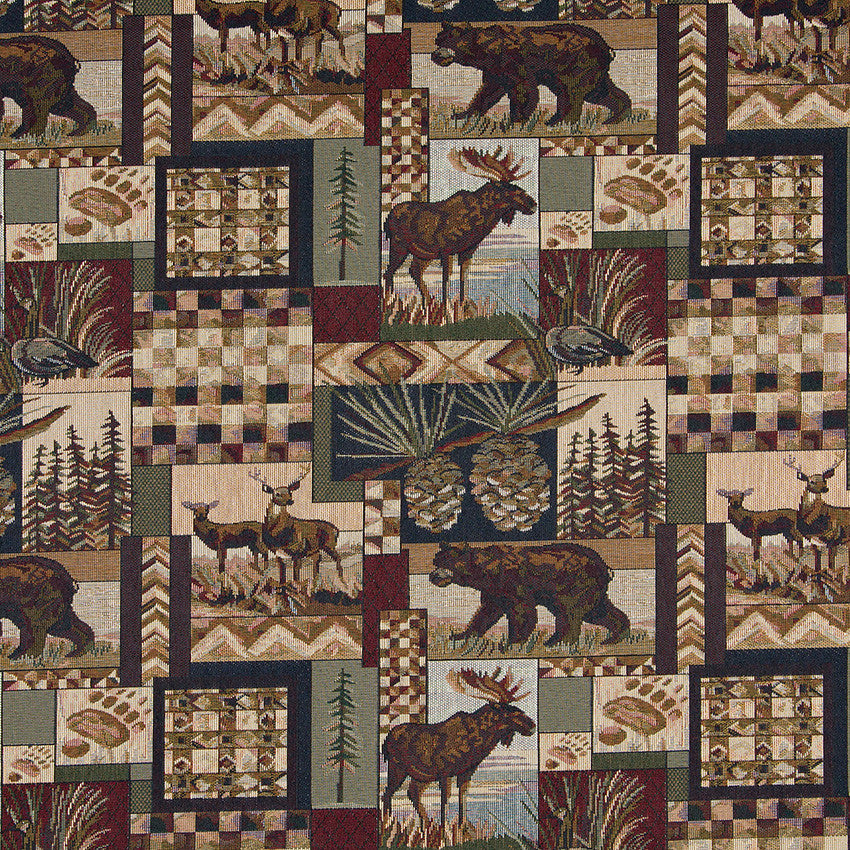 Bears Deer Moose Acorns Pine Trees Themed Tapestry Upholstery Fabric By The Yard