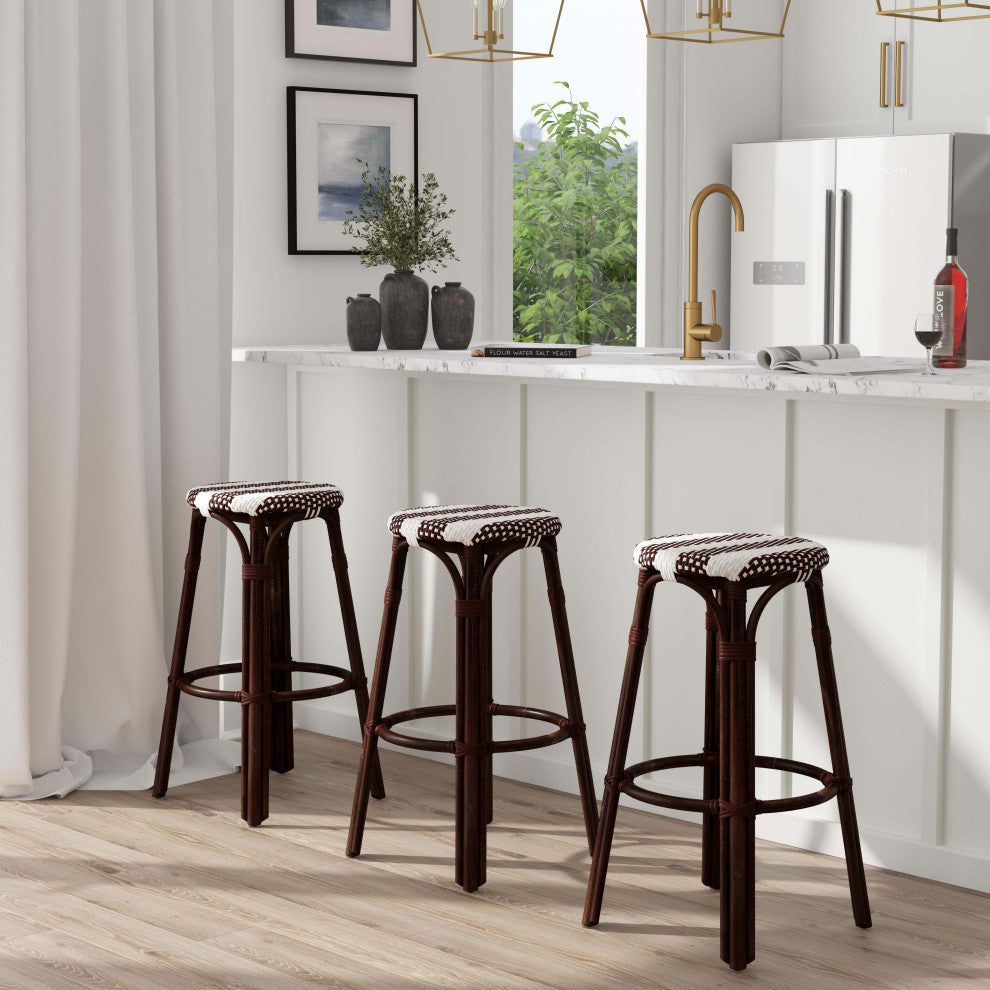 Tobias Round Rattan 30" Bar Stool, White and Brown Stripe