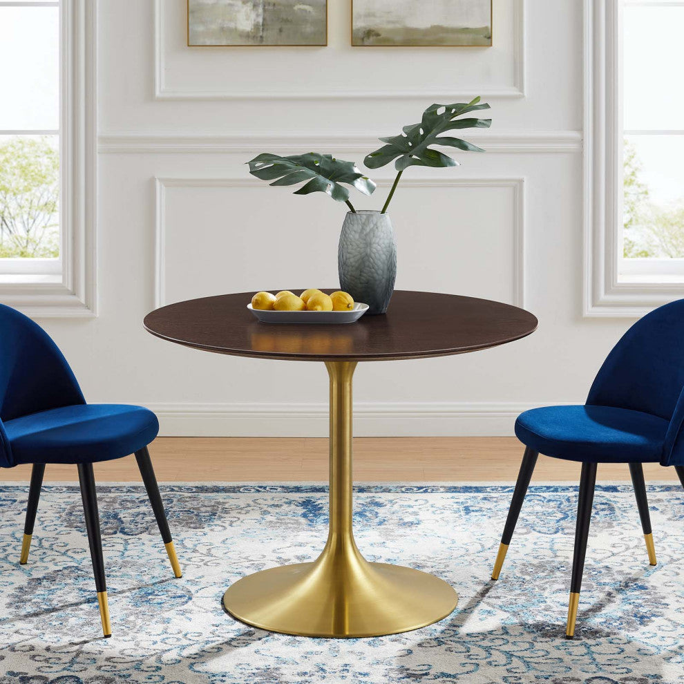 Dining Table, Round, Wood, Gold Dark Brown Brown Walnut, Cafe Bistro Restaurant