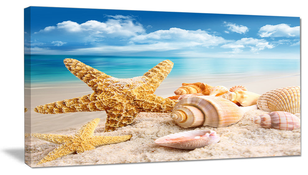 Starfish and Seashells on Beach, Seashore Photo Canvas Art Print, 32"x16"