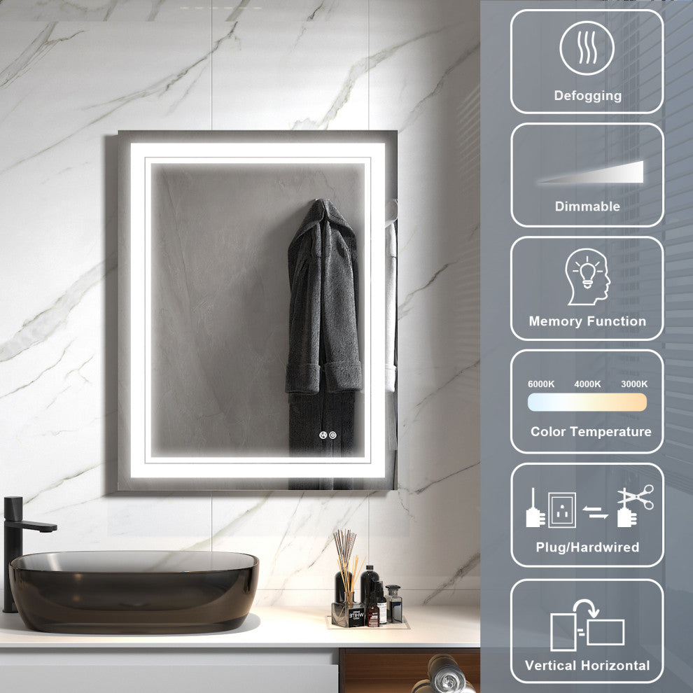 Frameless LED Lighted Bathroom Mirror With Defogger Dimmer, 28"x36"