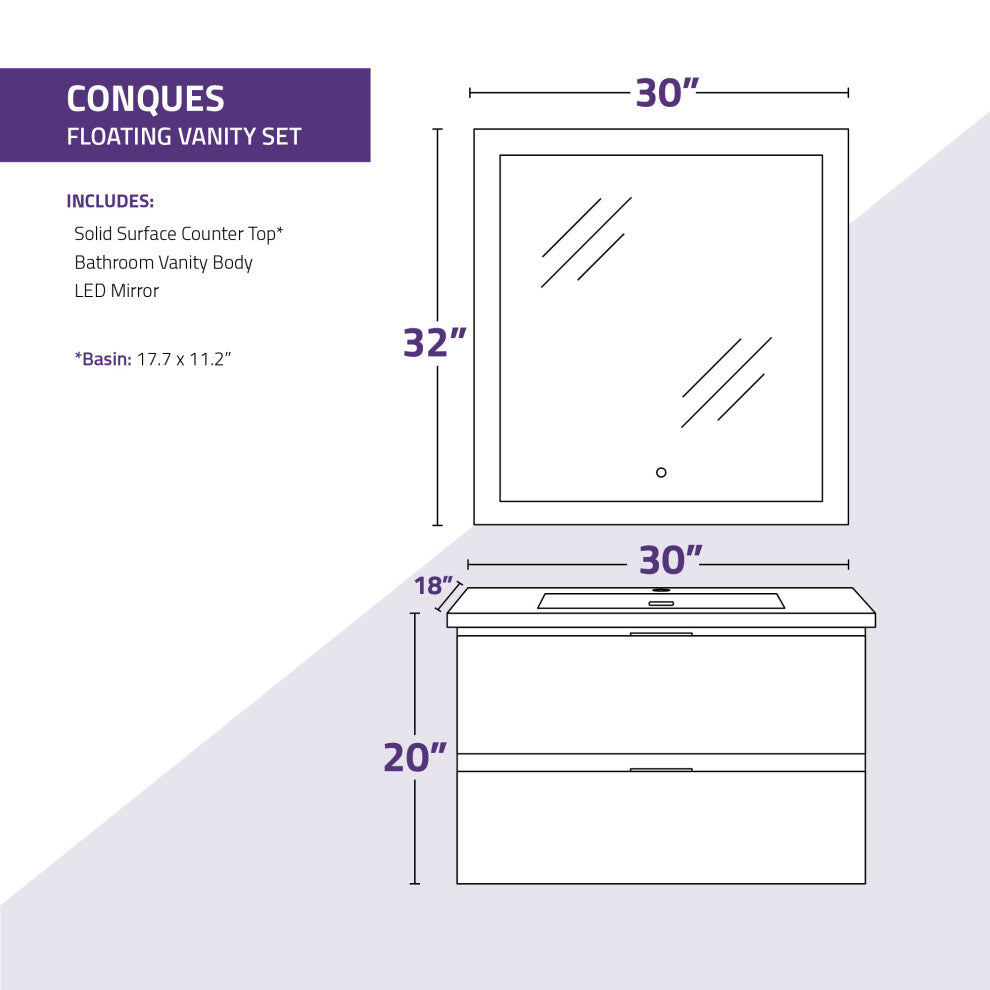 Conques 30" Wall Mount Bathroom Vanity Set, Rich White