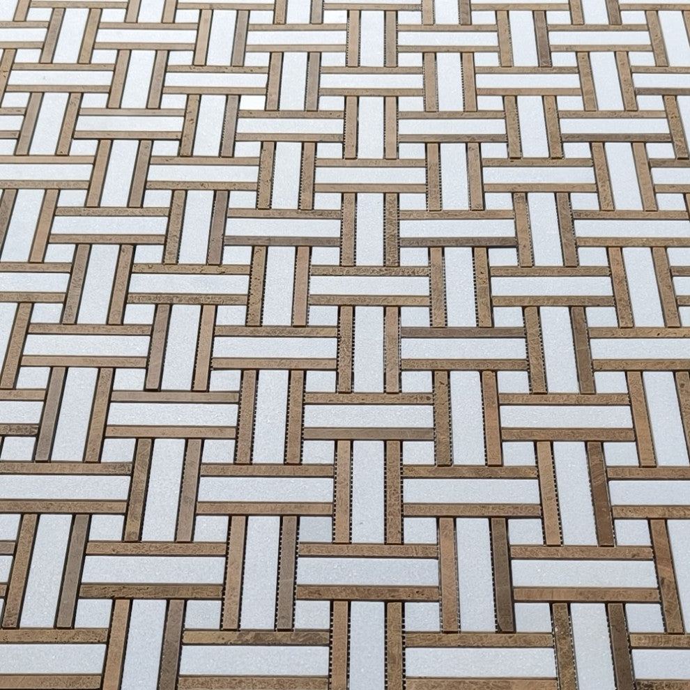 Thassos White Marble Twine Basketweave Mosaic Tile Yellow Woodgrain, 1 sheet