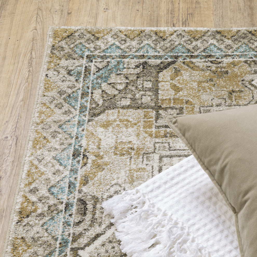 Vander Traditional Jewel Drop Gray/Blue Power-Loomed Area Rug, 7'10"x10'