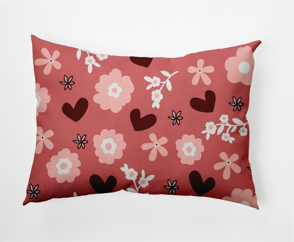 Flowery Love Valentines Indoor/Outdoor Lumbar Pillow, Pink, 14x20"