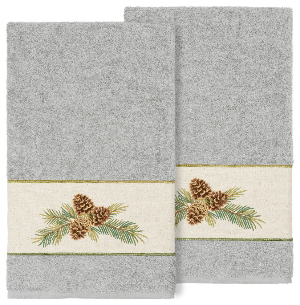 Linum Home Turkish Cotton Pierre 2-Piece Embellished Bath Towel Set, Light Gray