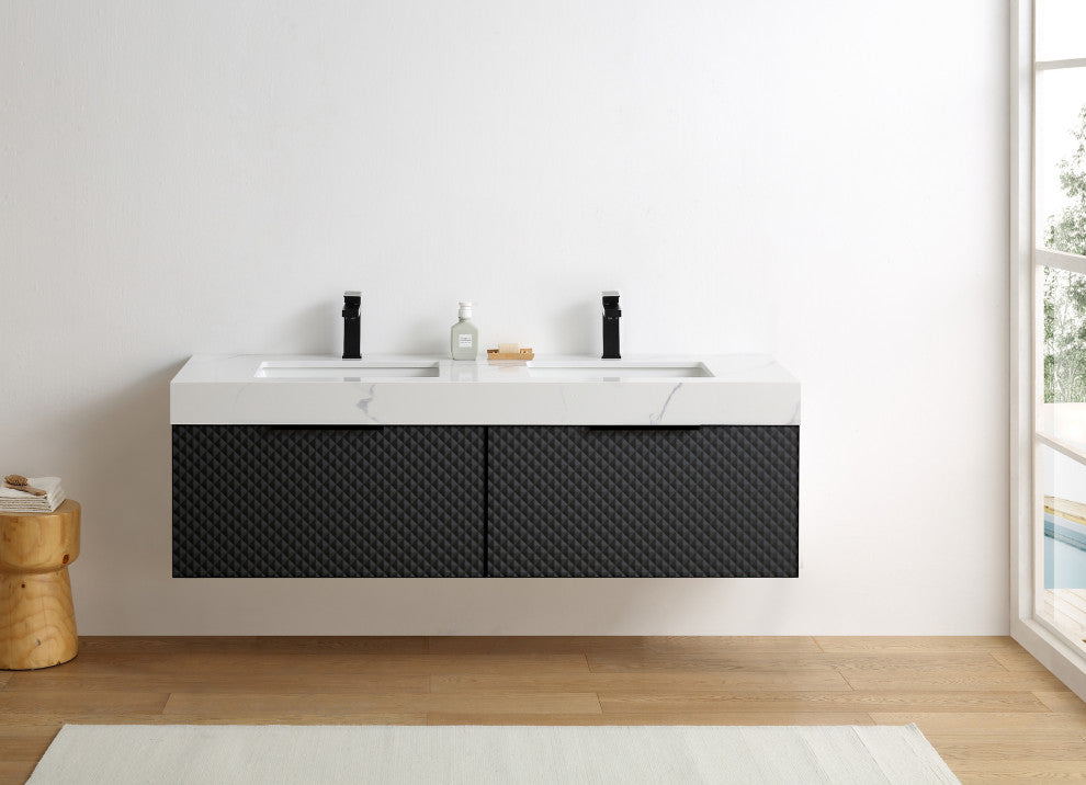 Manarola with Thick Quartz Wall Mount Vanity, Black of Night, 72"