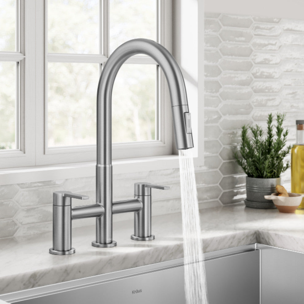 KRAUS Oletto 2-Function Pulldown 3-Hole Bridge Kitchen Faucet, Spot Free SS