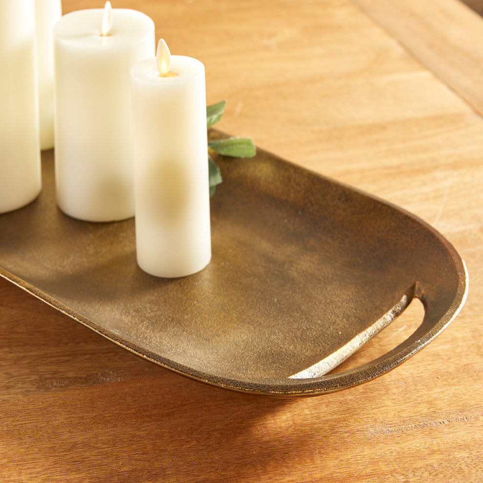 Rustic Brass Gold Oval Decorative Tray Classic Modern 30 in Long Wide Handles