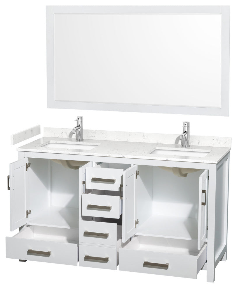 60"DBL Bathroom Vanity White, Carrara Cult. Marble Countertop, Sinks, 58" Mirror