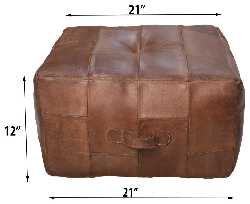 Geometric Handmade Leather Pouf (Recycled Foam with Fibre Fill) Black, [Square] 21x21x12