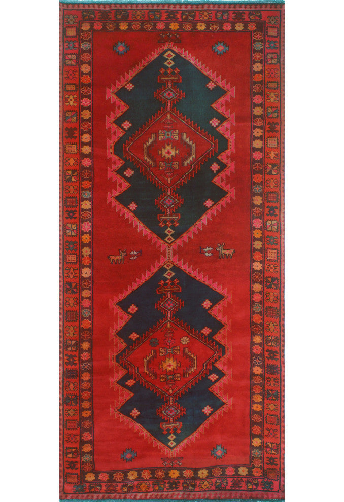 Fine Vintage Distressed Marjorie Red/Navy Runner, 4'7x10'4