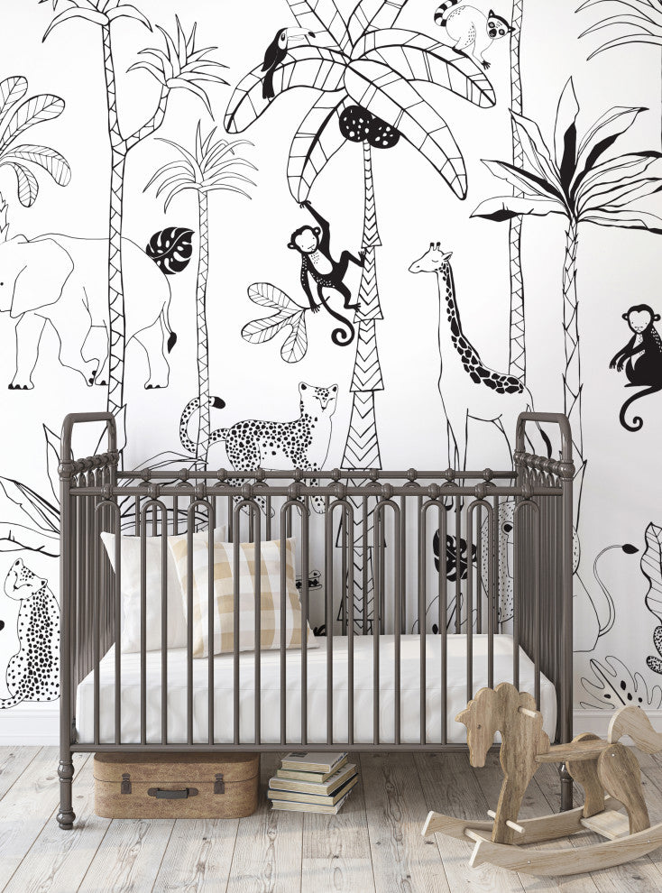 Safari Jungle Illustration Peel and Stick Vinyl Mural, Black, 24"x108", 6 Panel Set