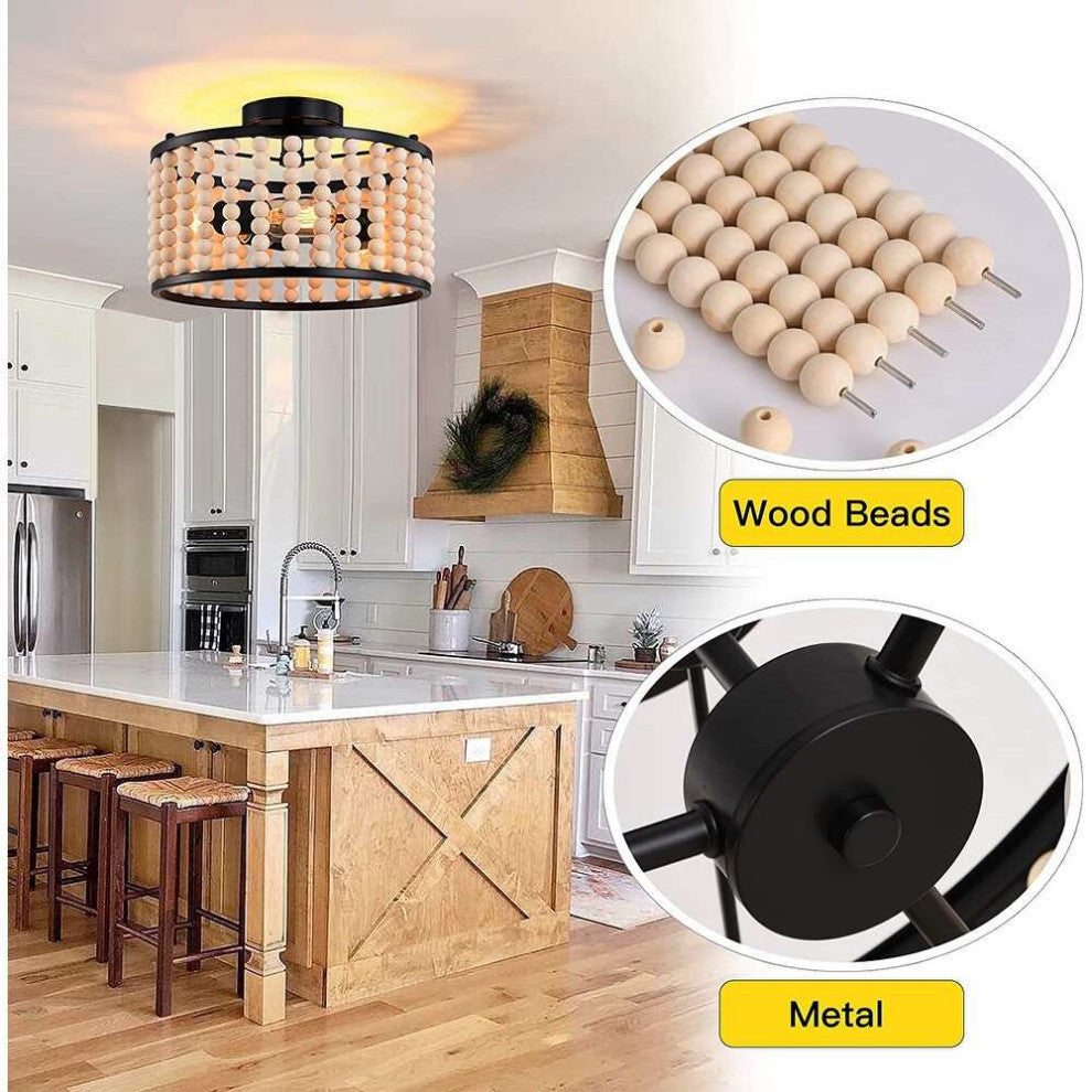 3 Light Wood Beads Ceiling Light Fixture, Farmhouse, Boho, Black
