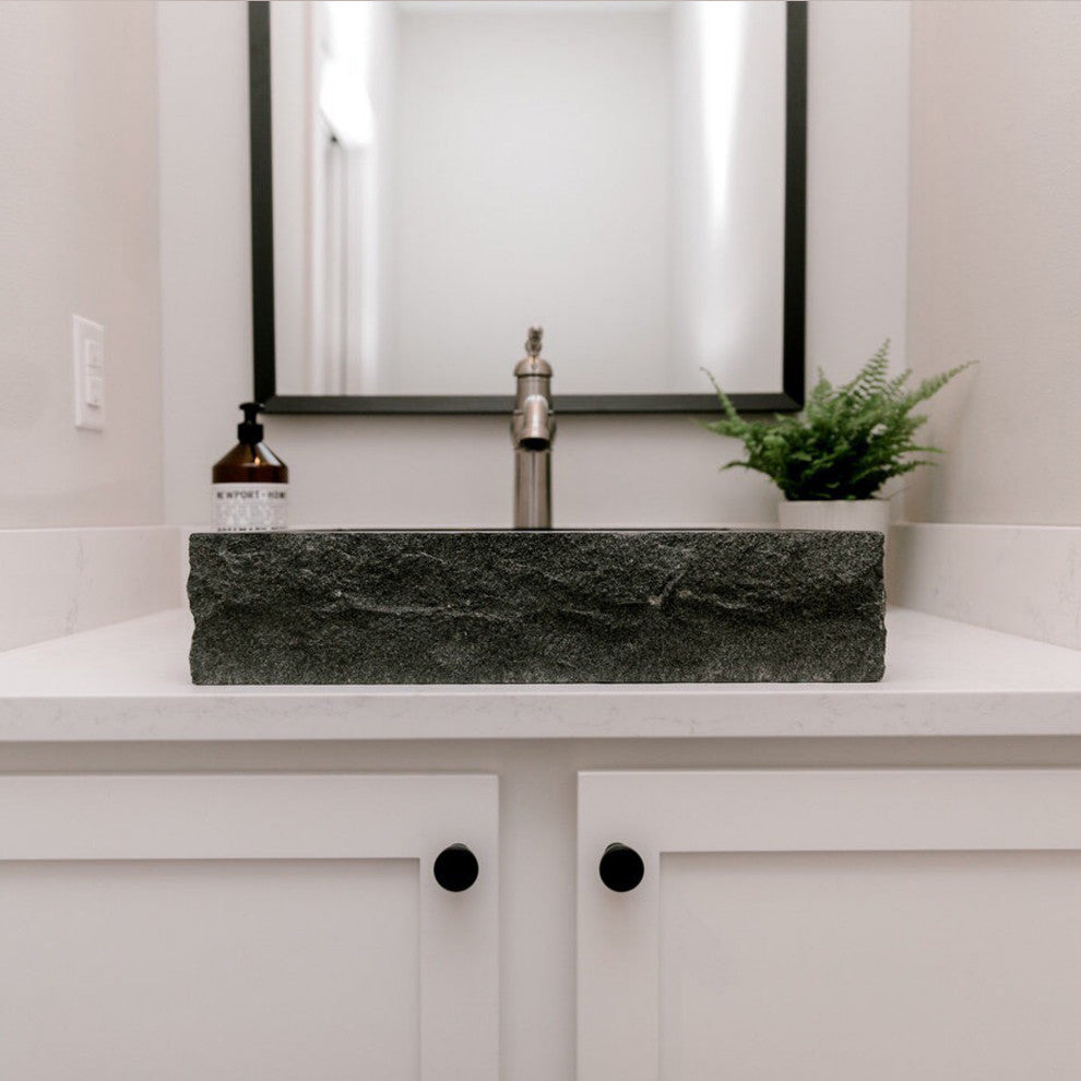 Natural Black Granite Square Vessel Sink with Chiseled Exterior and Drain, Brushed Nickel